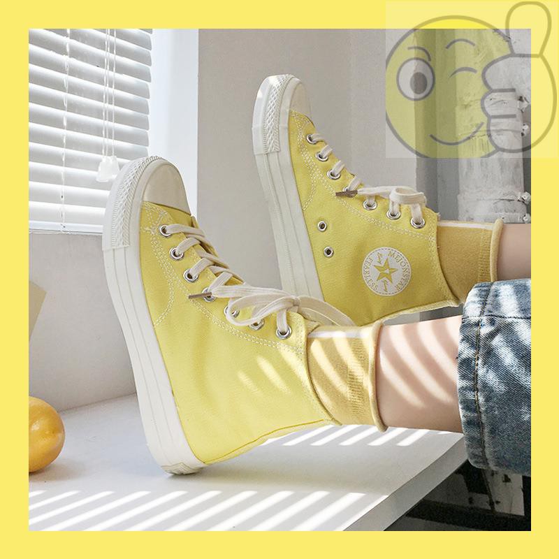 Mới Giày Thể Thao Canvas Cổ Cao Màu Vàng Chanh Phong Cách Hàn Quốc Thời Trang Mùa Hè Dành Cho Nữ 70s 2021