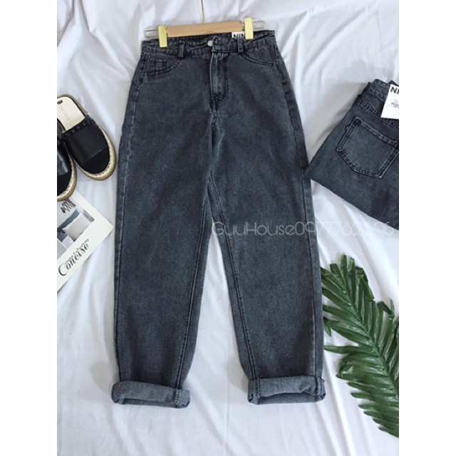 Quần jeans nữ baggy dáng trơn cạp cao may gấu New