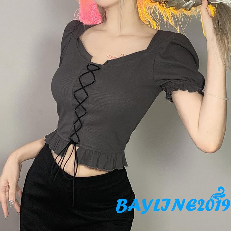 Áo Croptop Tay Phồng Ngắn Thiết Kế Dây Rút Phía Trước Thời Trang Mùa Hè Cho Nữ