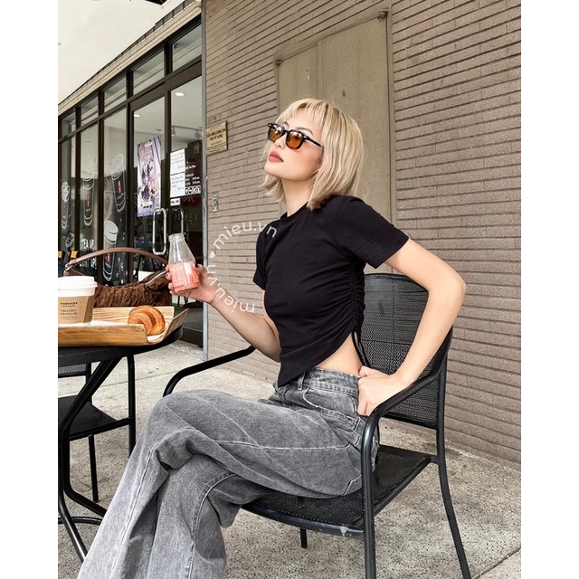 Áo thun crop rút dây 1 bên hai màu MIEU - JF05