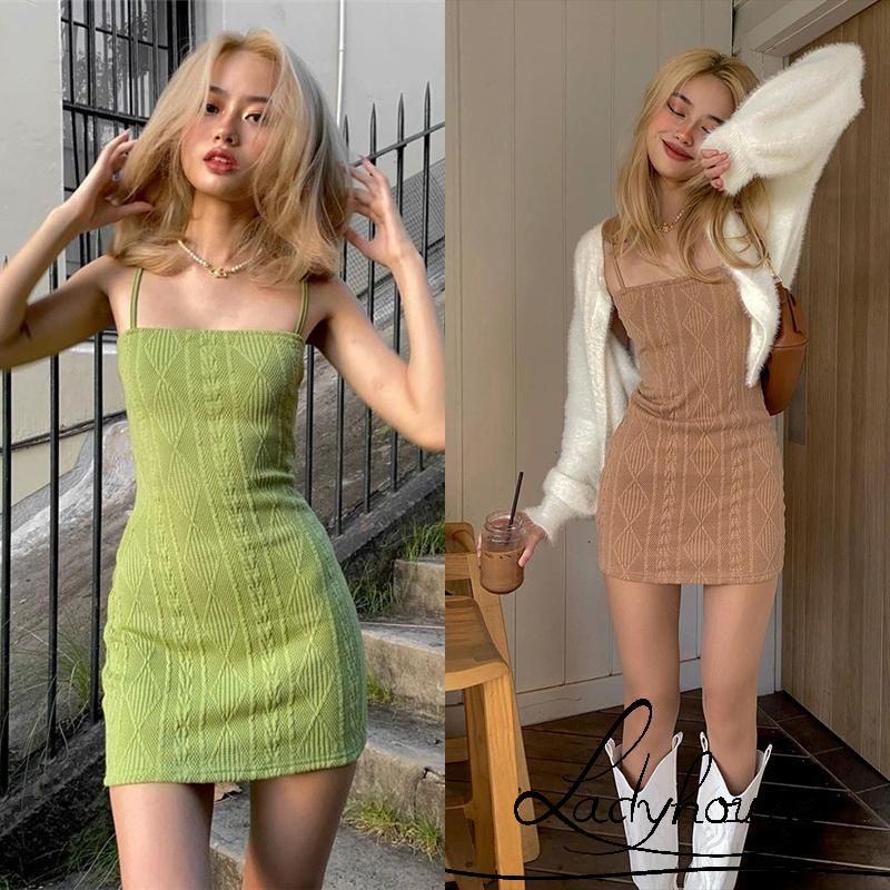 Đầm dệt kim hai dây ôm dáng màu sắc thời trang quyến rũ cho nữ