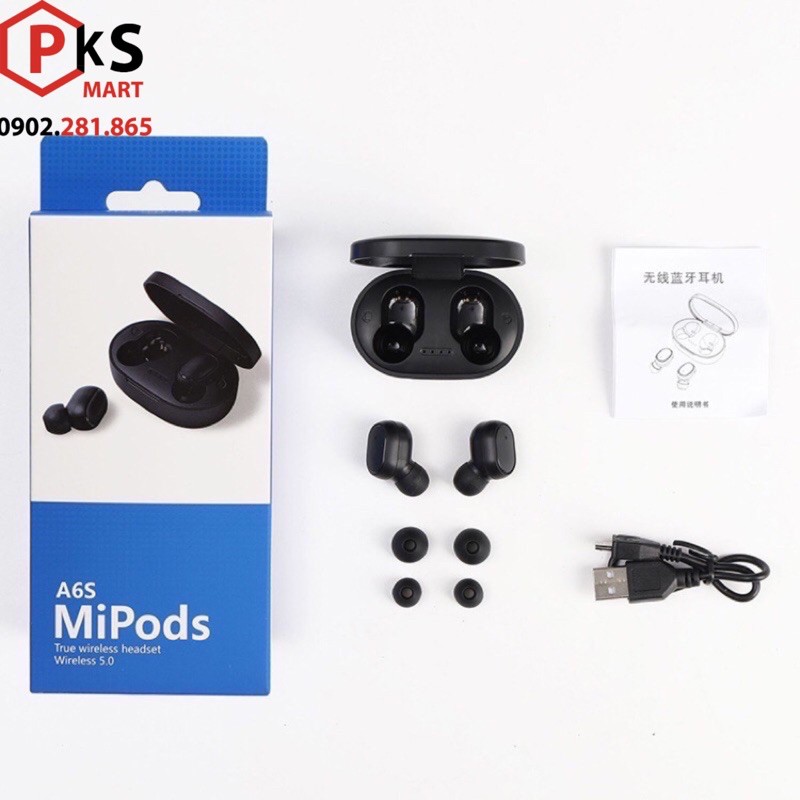 Tai nghe Bluetooth ♥️ MiPods A6S TWS ♥️ không dây kèm Mic đàn thoại, âm trầm, chống ồn, chống nước chính hãng