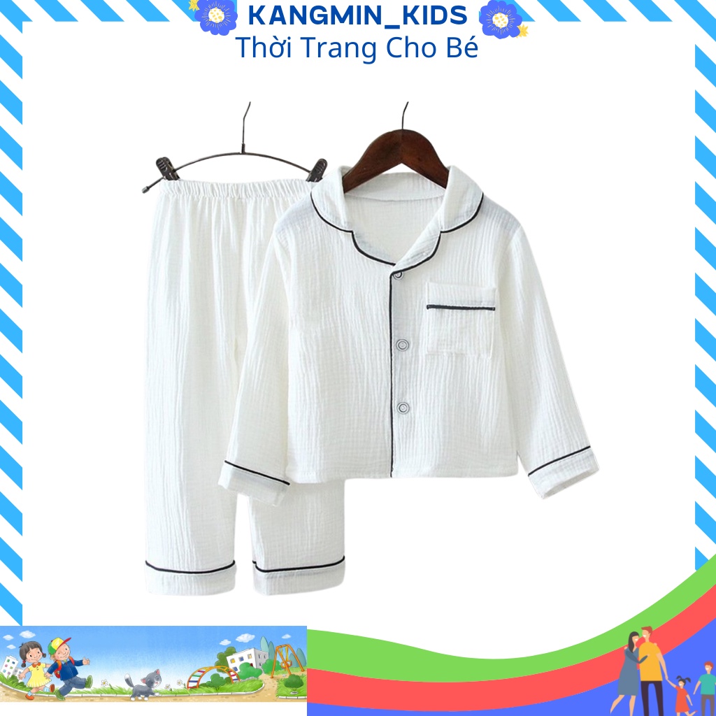 Bộ pijama cho bé trai bé gái Kangmin kids, bộ pizama cho bé trai chất đũi trơn dài QATET05, quần áo bé gái từ 7-27kg