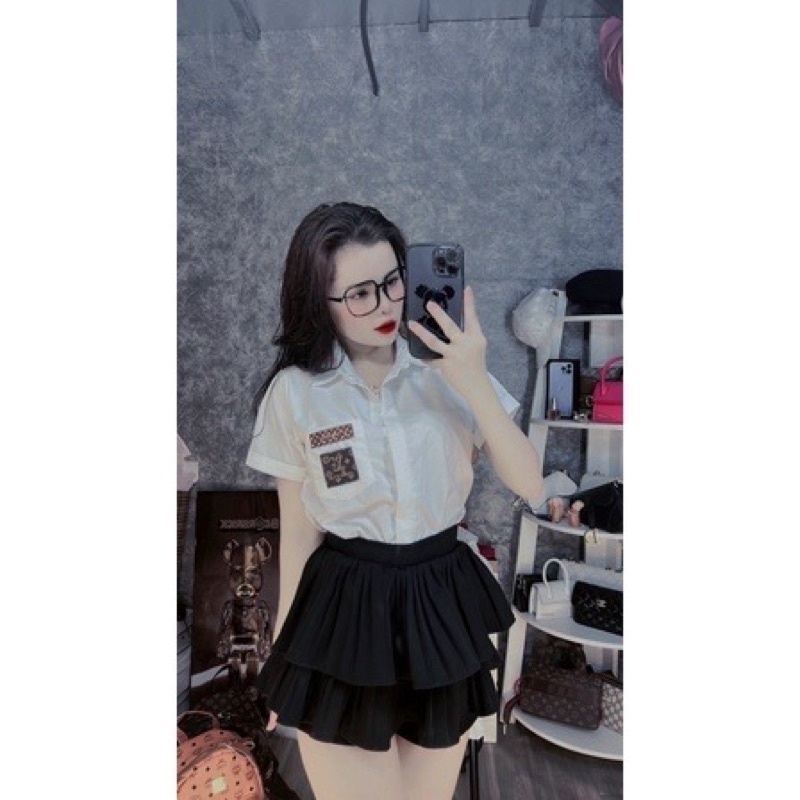 Áo sơ mi cộc tay nữ dập khuya JELLYSTORE hàng chuẩn đẹp hai kích cỡ