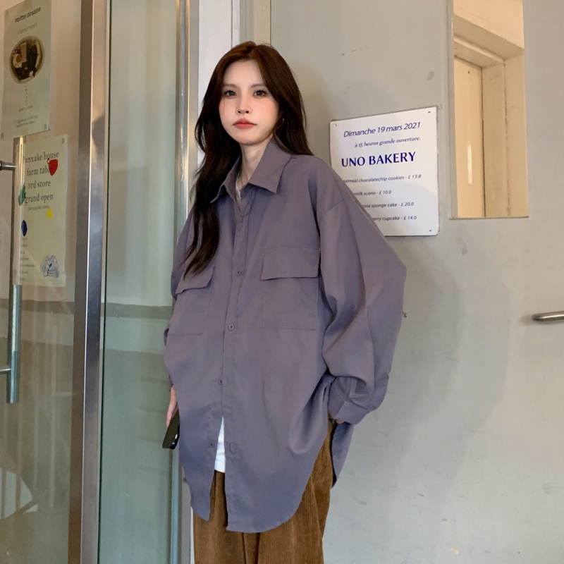 Áo Sơ Mi Nữ Tay Dài Oversize Màu Trơn Phong Cách Hàn Quốc