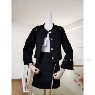 (SẴN) Set dạ tweed đen kéo khóa