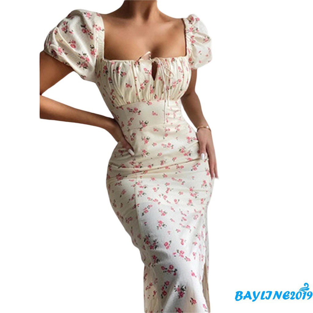 Đầm Nữ Ngắn Tay Cổ Vuông In Hoa Thời Trang