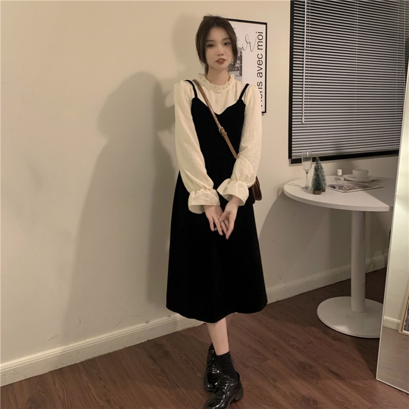 Đầm nhung chữ A cổ tròn dài tay hai lớp phong cách cổ điển 48375