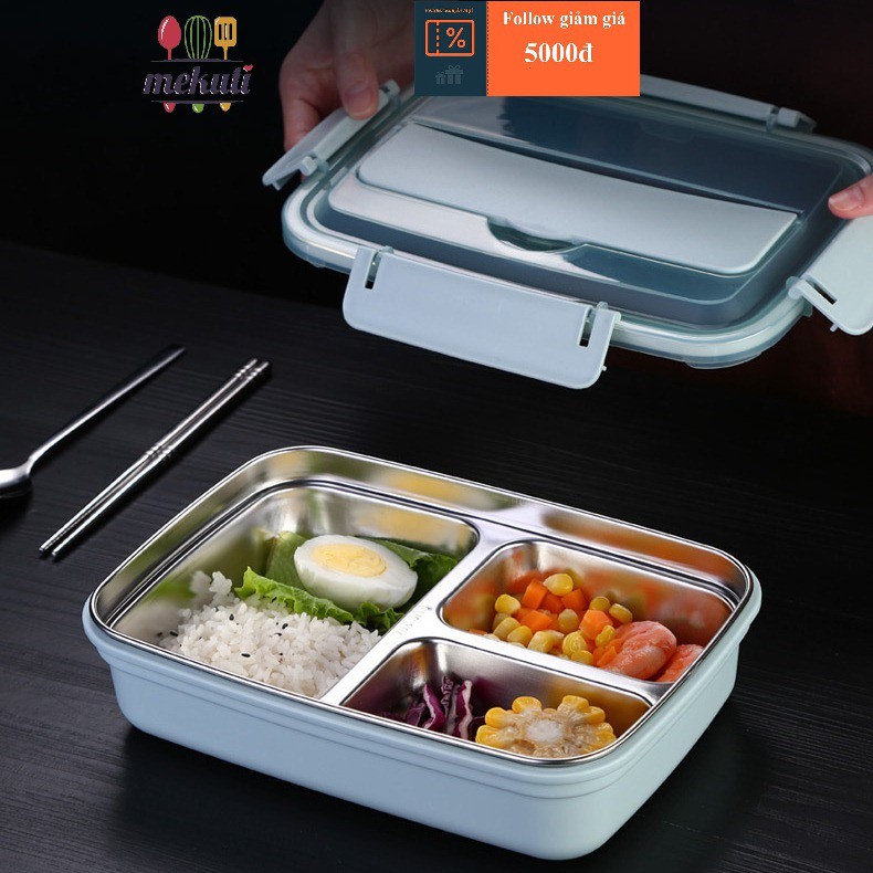 Hộp cơm văn phòng khay inox 304 Tặng kèm Thìa Đũa Inox Cao Cấp, vỏ nhựa PP cao cấp có giá để điện thoại