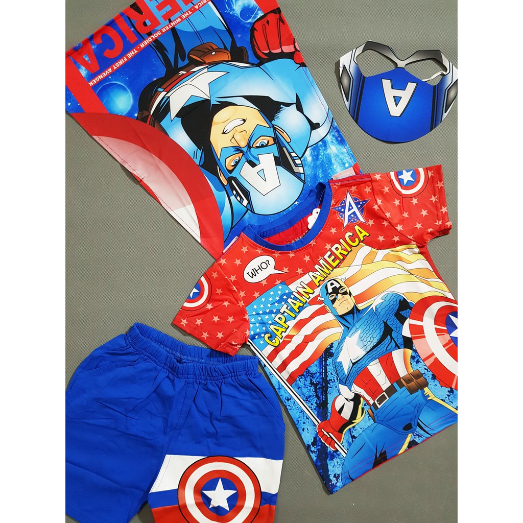 Bộ thun cotton đội trưởng Mỹ Captain American kèm khăn choàng mặt nạ bé trai
