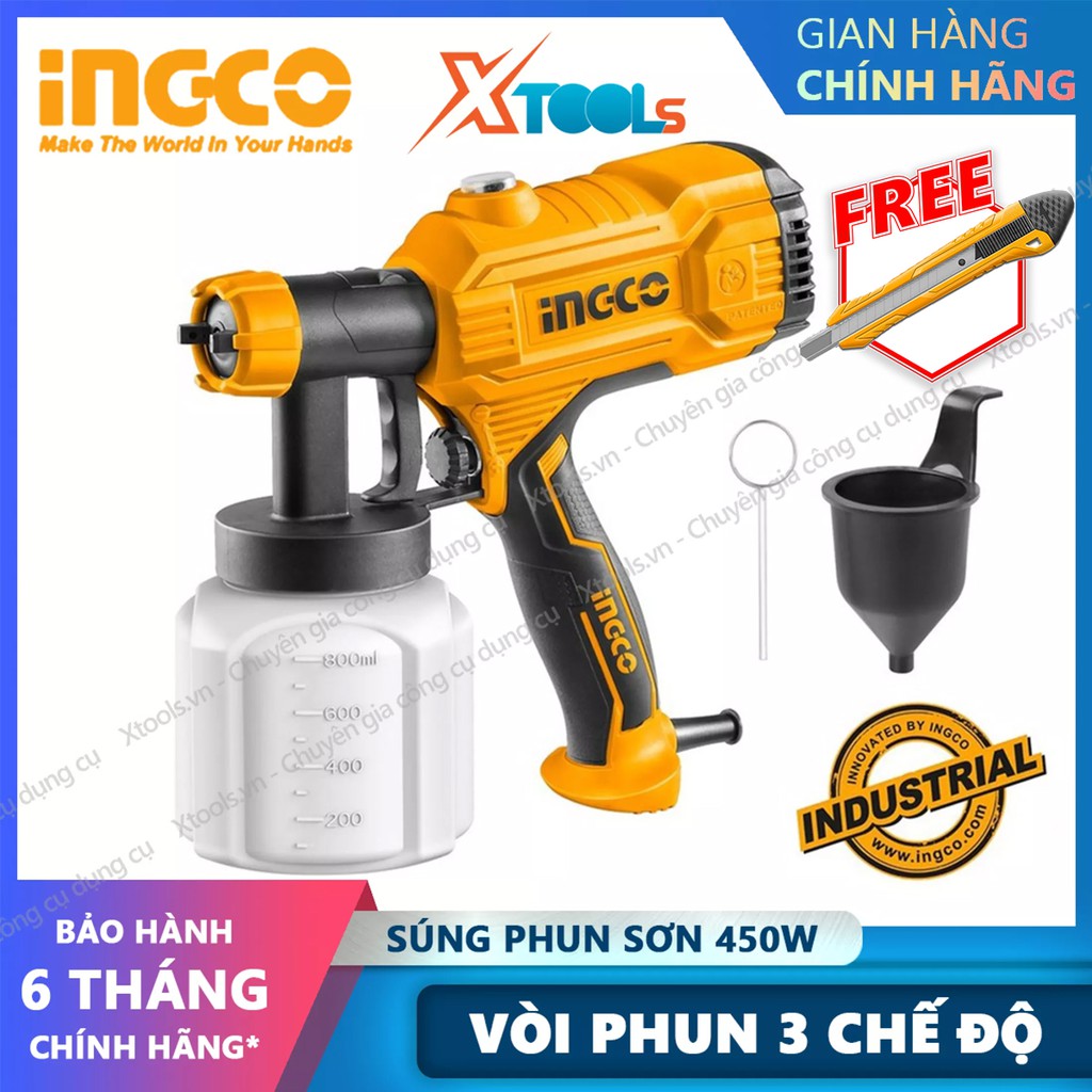 Máy phun sơn INGCO SPG3508 Công suất 450W, Súng phun sơn áp suất 0.1-0.2bar, bình chứa 800ml, kèm 1 cốc đo lường độ nhớt