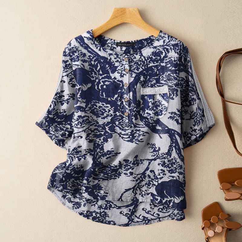 Áo kiểu Zanzea tay lửng cổ tròn in họa tiết thời trang cho nữ