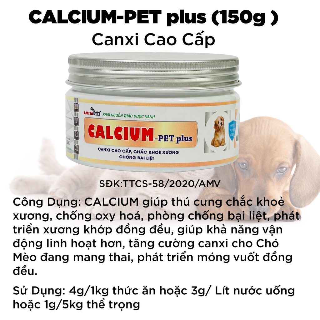 Bổ xung Canxi cho chó mèo CALCIUM vị phomai giúp chắm sóc thú cưng chắc khỏe phát triển xương tốt của AMITAVET 150g