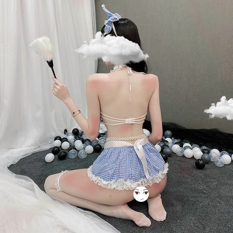 (Che tên sp) Bộ cosplay/ bộ đồ ngủ cô hầu gái màu xanh kẻ gợi cảm B89