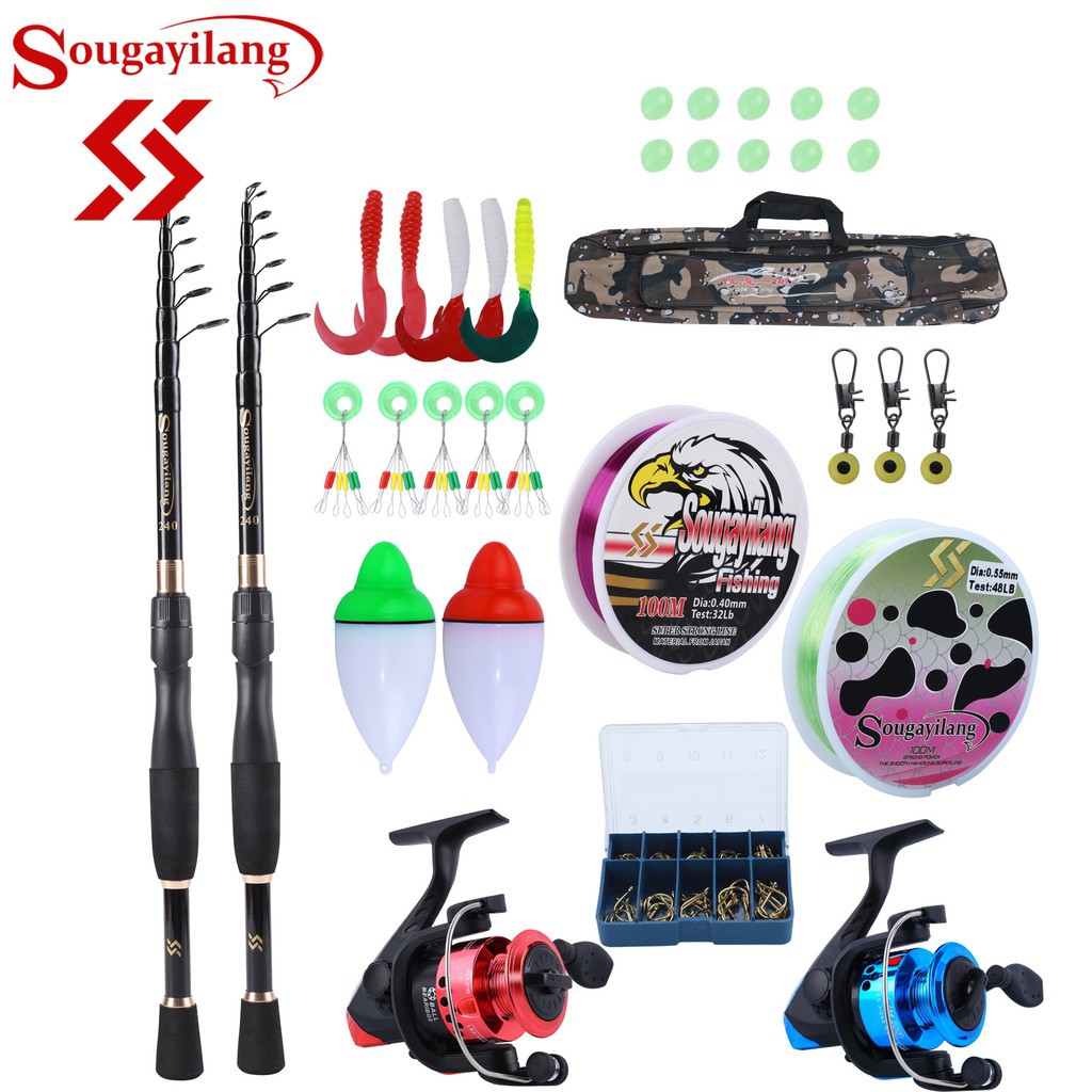 Bộ 2 cần câu cá 1m8 2m1 2m4 + máy câu + dây câu + mồi câu + móc câu + túi đựng tiện dụng
