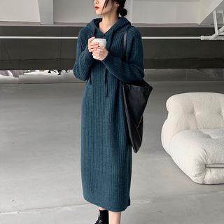 Đầm dệt kim dài ngang gối dáng rộng phối mũ trùm đầu thời trang thu đông mới trẻ trung cho nữ