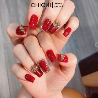 Móng tay giả dài thiết kế đính nơ đính hoa kèm keo bộ 24 nail tặng kèm miếng dán móng