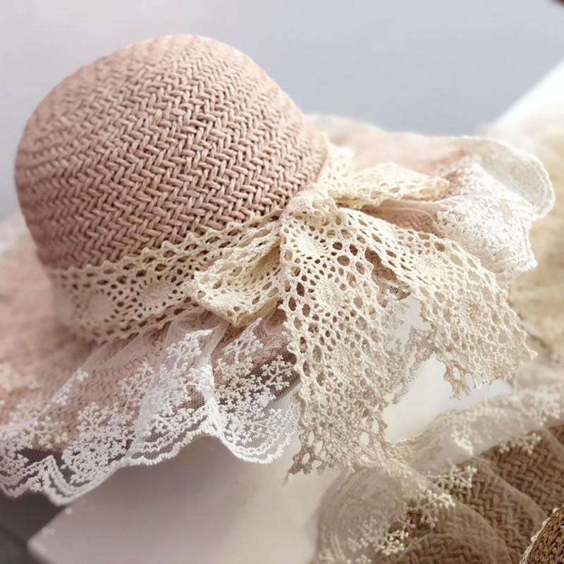 Mũ cói chống nắng đi biển phối ren hoa vành rộng xinh xắn dễ thương cho bé