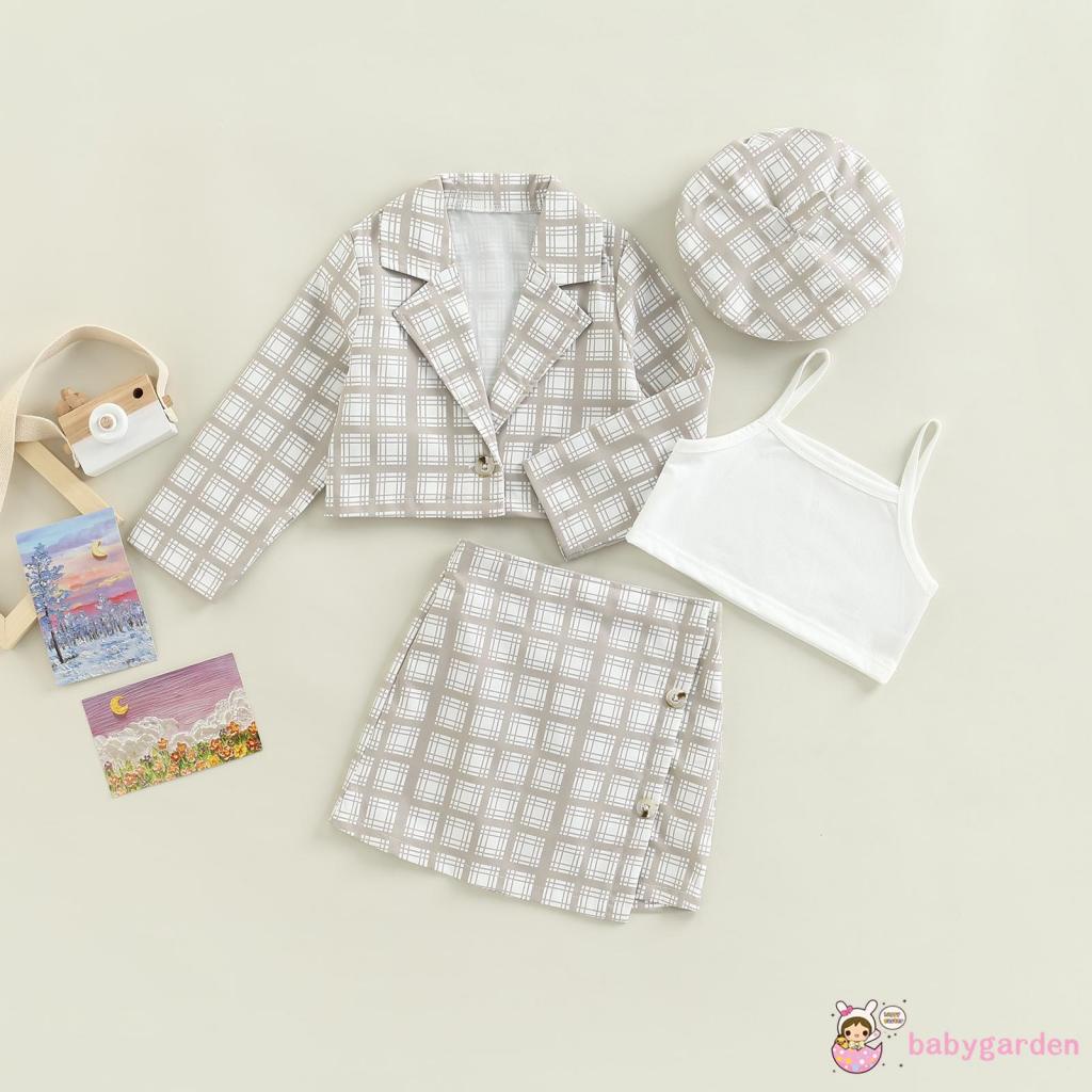Bộ Trang Phục 4 Món Áo Khoác Tay Dài + Chân Váy + Mũ Beret Họa Tiết Kẻ Sọc Thời Trang Mùa Thu Cho Bé Gái 3-7 Tuổi