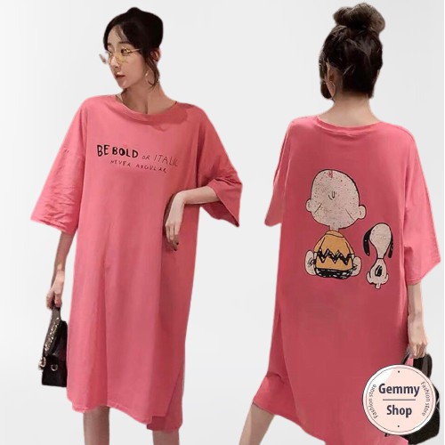 Đầm suông nữ cotton form rộng -  Váy xuông cộc tay cổ tròn họa tiết bé con - Đầm bầu mặc thoải mái - CM Shop