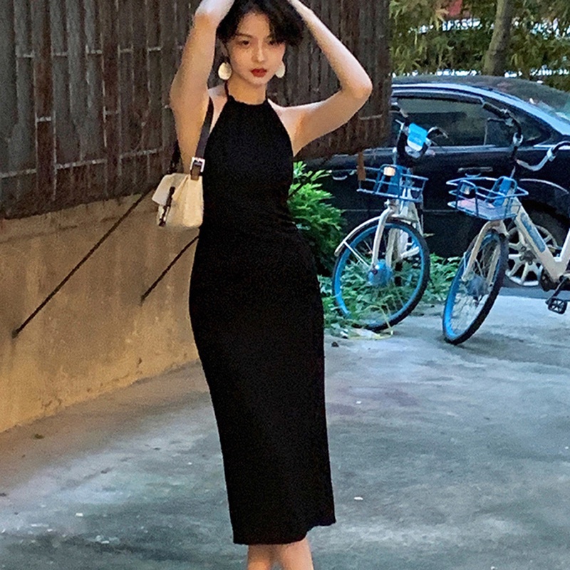 Đầm IELGY cổ yếm chiết eo phong cách Hồng Kông retro cho nữ