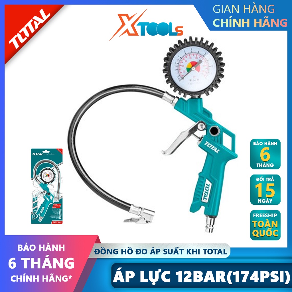 Đồng hồ đo áp suất khí Total TAT11601 Dụng cụ bơm hơi khí có đồng hồ Áp lực 12bar(174psi) Chiều dài vòi 350mm