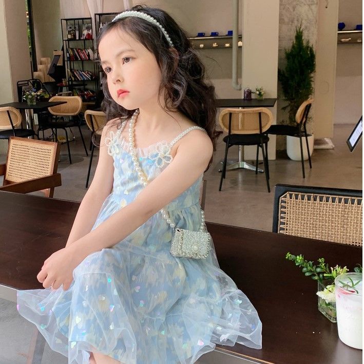 Đầm Lưới Không Tay Đính Ngọc Trai Màu Xanh Dương Thời Trang Mùa Hè Mới Dành Cho Bé Gái