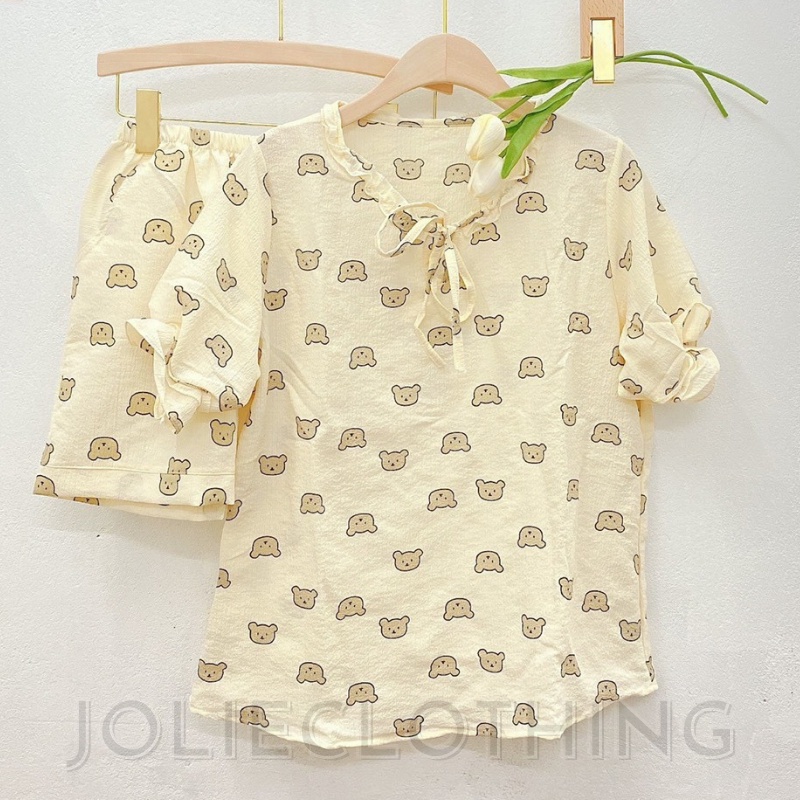 Đồ bộ pyjama mặc nhà tay ngắn, quần ngắn hình gấu, thỏ, vịt dễ thương, chất xốp