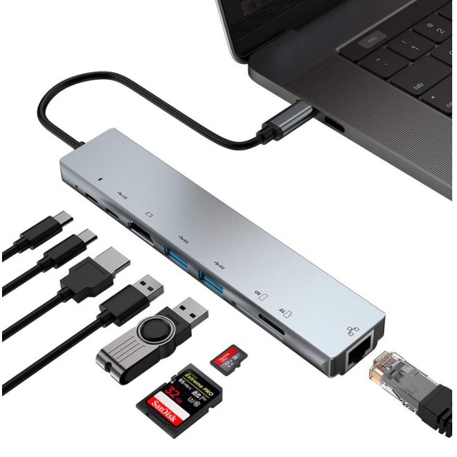 Hub Type C 8in1 - Cổng chuyển đổi HUB USB Type-C to HDMI, USB 3.0, SD, TF, RJ45, PD Type-C cho Laptop Macbook