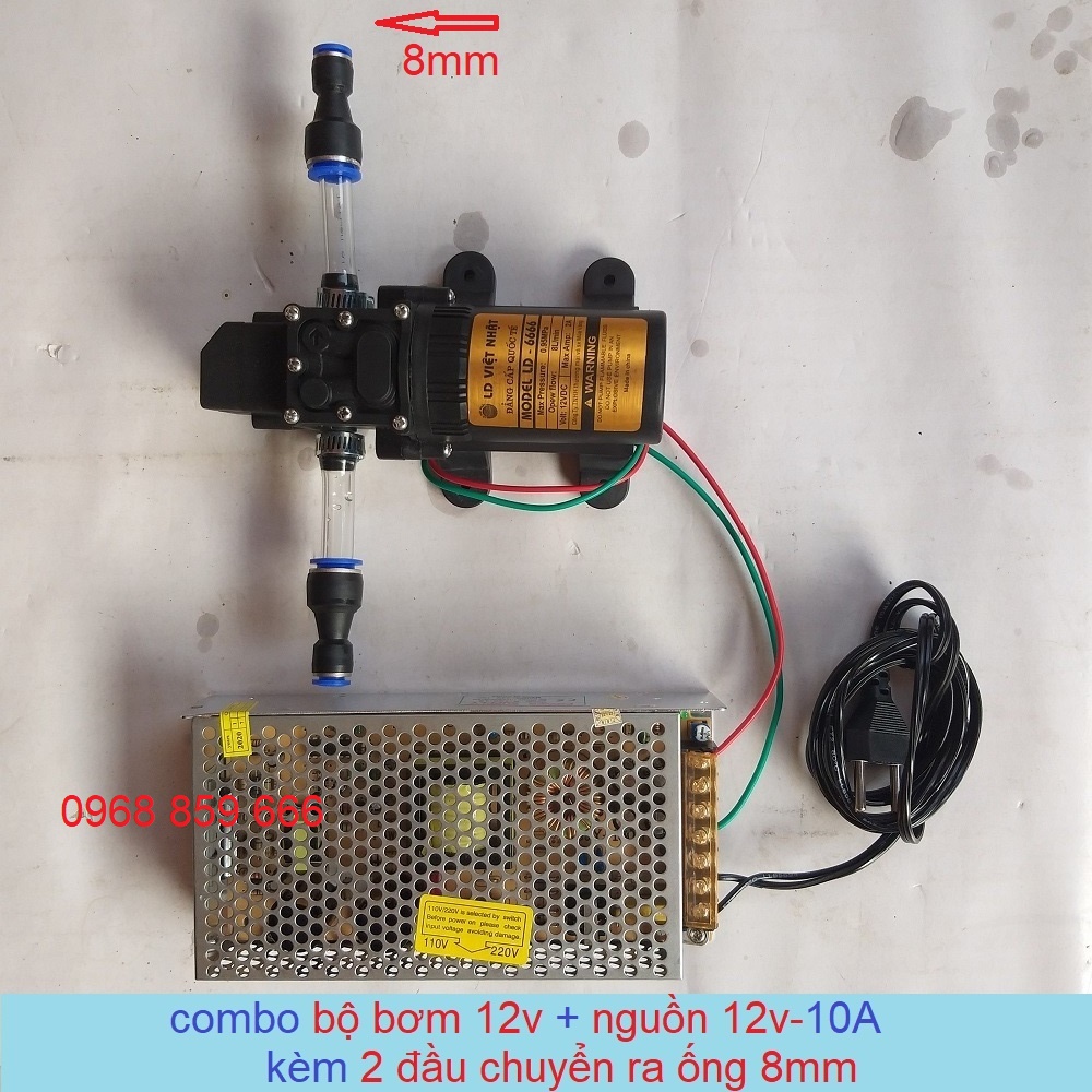 Máy bơm nước mini 12V áp lực cao ❤️FREESHIP❤️ + nguồn 12v-10A + 2 đầu chuyển ra ống 8mm