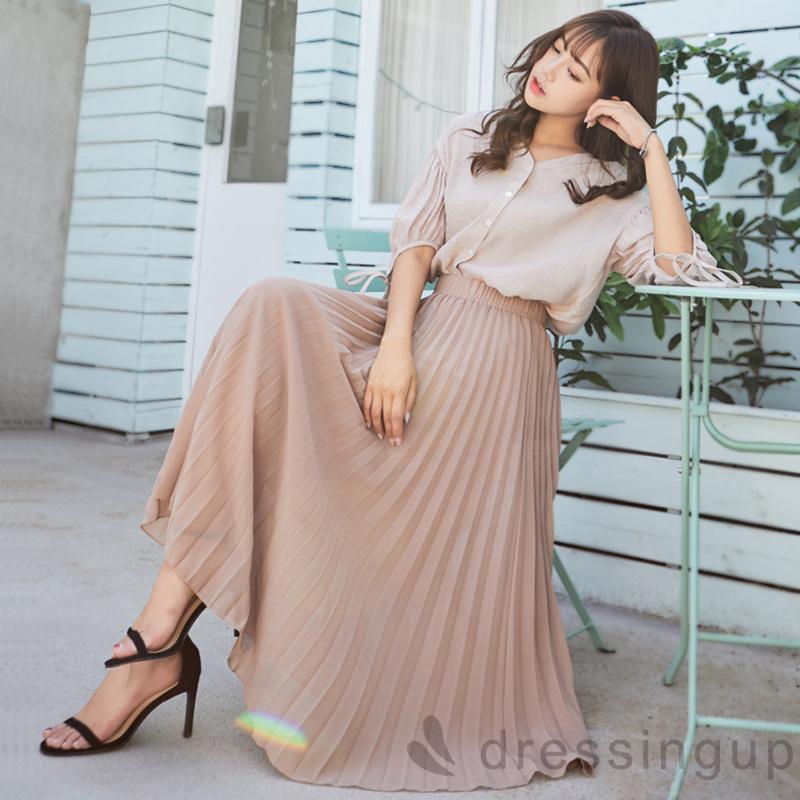 Chân váy maxi chiffon xếp li màu đỏ