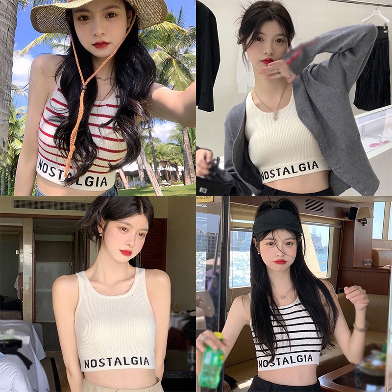 Áo Croptop Dệt Kim Mềm Cổ Tròn In Chữ Thời Trang Mùa Hè Hàn Quốc Cho Nữ