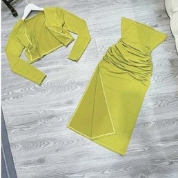 Sét bộ đầm ống ôm body xẻ tà trơn kèm áo khoác cực hot , chất thun gân mềm mịn ly