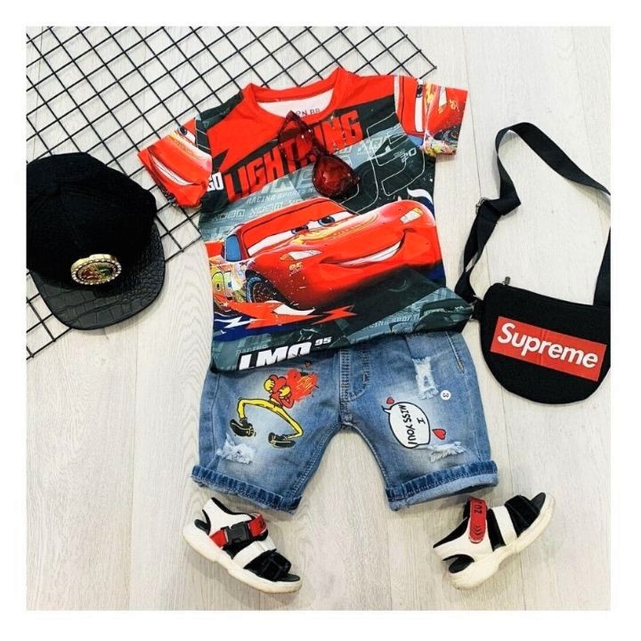 Bộ quần áo bé trai hình xe McQueen- McQueen từ 9-42kg- áo thun lạnh quần jean - in 3d sắc nét-Hương Nhiên