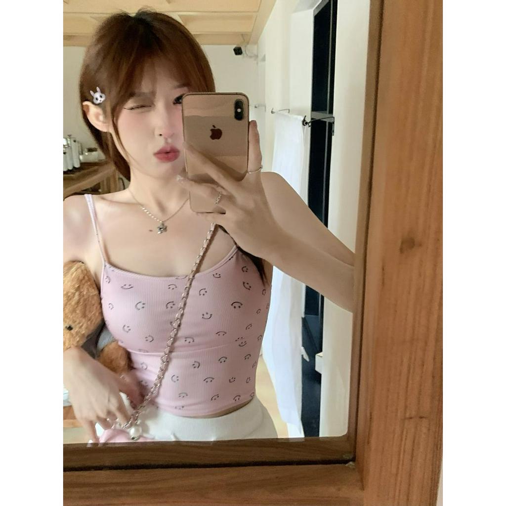 「 WELOVE1 」Áo Croptop Hai Dây Ôm Dáng Màu Hồng Trơn Quyến Rũ