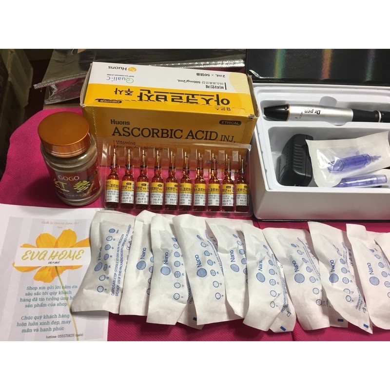 COMBO cấy hồng sâm trắng da 1máy dr pen bạc, 1 hồng sâm gogo, 1vỉ vtm C Hàn, 2 đầu nano