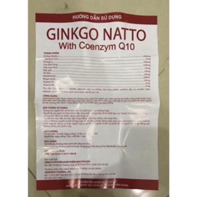 HOẠT HUYẾT DƯỠNG NÃO BRAIN GINKGO NATTO Hộp 100 Viên Chính Hãng