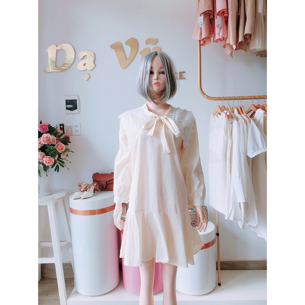 VÁY BABYDOLL DÁNG SUÔNG MÀU NUDE PHỐI REN CỔ TRẮNG TAY DÀI SIÊU YÊU