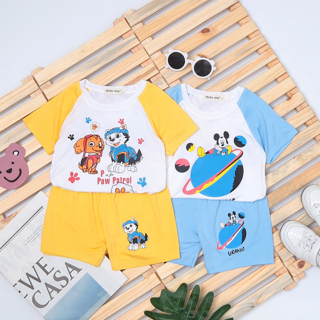 [Bé 7-19kg] Bộ ngắn tay thun lạnh trắng in hình Minky Mom mềm mịn mát cho bé trai bé gái từ 7-19kg