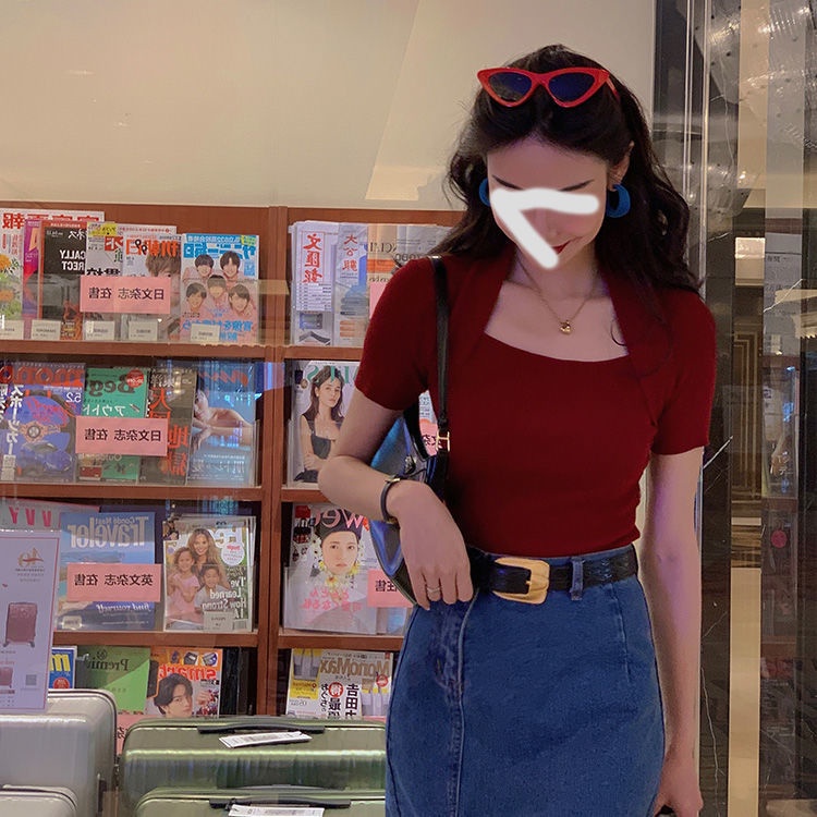 Áo Dệt Kim Tay Ngắn Trễ Vai Phong Cách Retro Hong Kong Cho Nữ