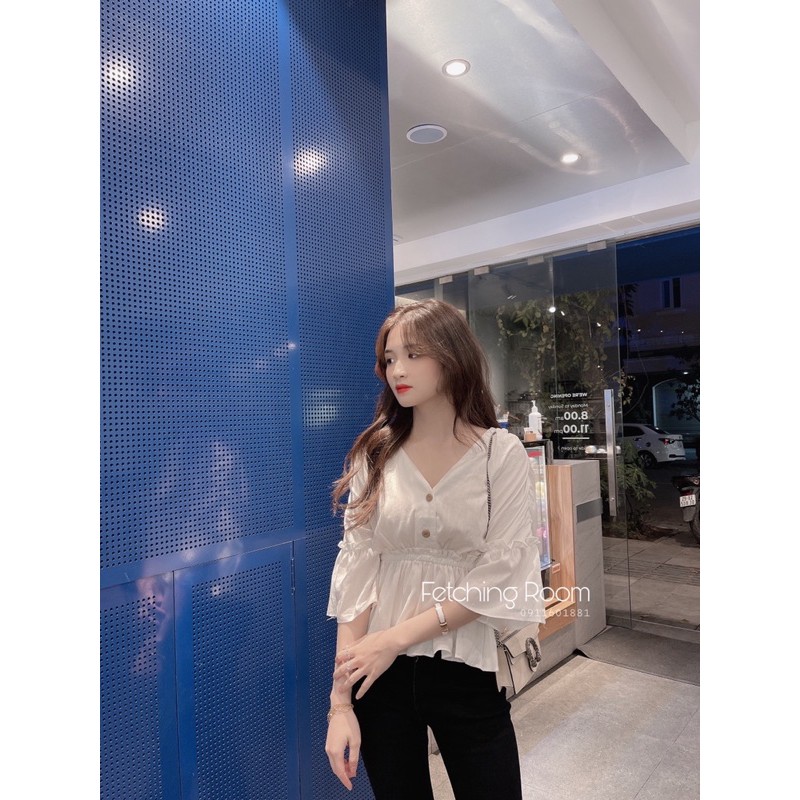 Fetchingroom - Áo sơ mi tay lỡ cổ V chất lụa mát