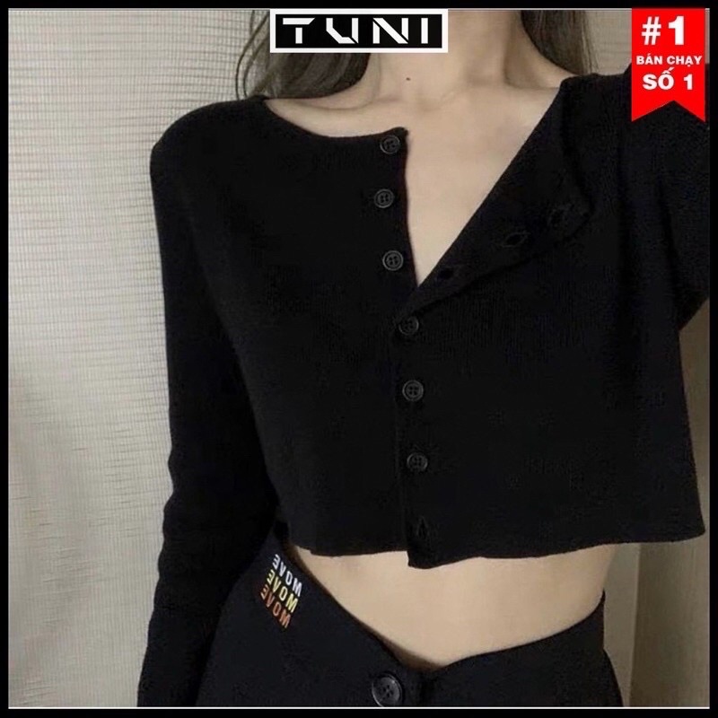 Áo croptop nữ tay dài cúc đóng nút to Michi, áo thun nữ tay dài