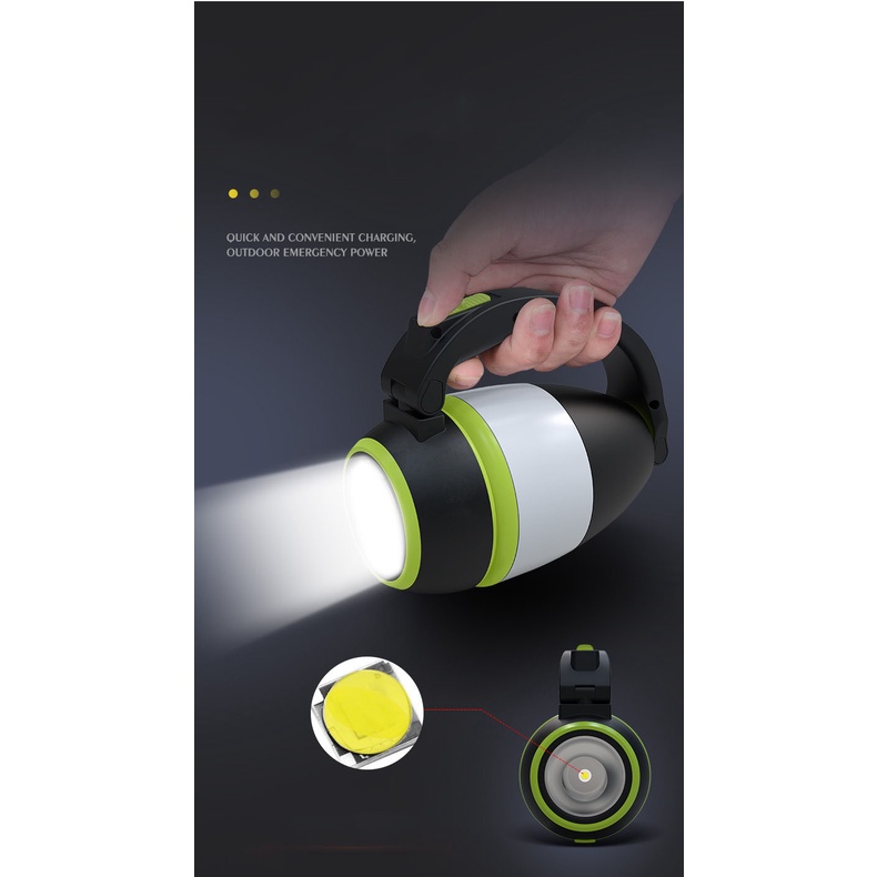 Đèn Pin Cầm Tay Tích Điện Kiêm Sạc Dự Phòng Để Bàn, Cắm Trại - Đèn Di Động 3 Chức Năng