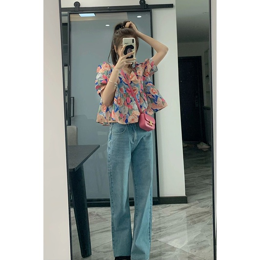 Áo Sơ Mi Ngắn Tay Phồng Ôm Dáng Thời Trang Mùa Hè Phong Cách Pháp Mới Cho Nữ