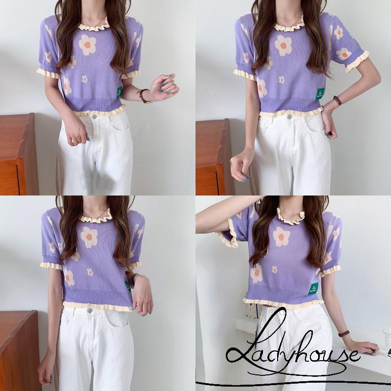 Áo Thun Dệt Kim Tay Ngắn Cổ Tròn Viền Bèo In Họa Tiết Hoa Thời Trang Mùa Hè Xinh Xắn Cho Nữ