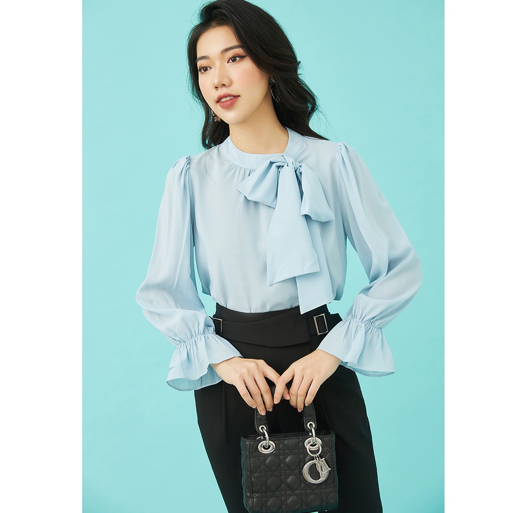 Áo sơ mi nữ công sở 92WEAR 2 màu, thiết kế buộc nơ cổ ASA1039