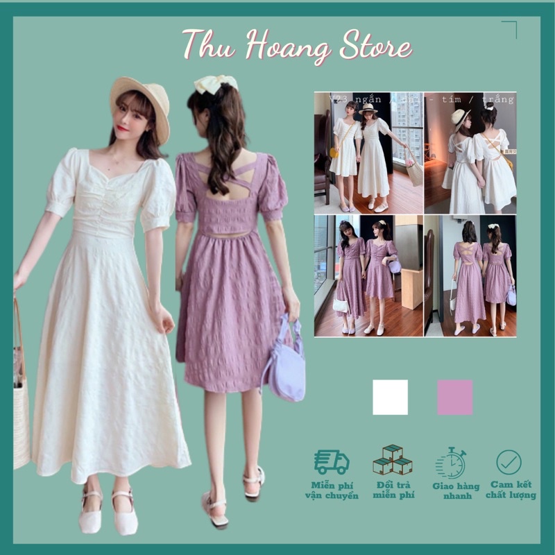 Đầm tiểu thư ullzzang hàn quốc hở lưng 2 màu trắng tím tay phồng dáng ngắn dài maxi váy xinh dự tiệc trễ vai | BigBuy360 - bigbuy360.vn