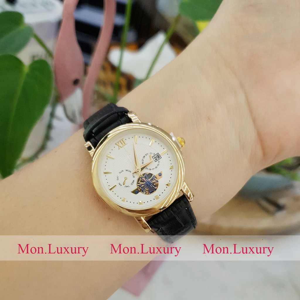 Đồng hồ cặp đôi nam nữ SL dây da viền vàng lộ máy chống nước chính hãng giá rẻ