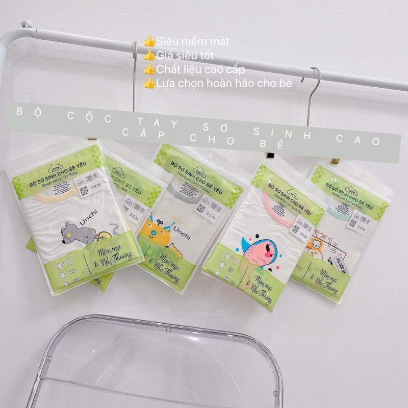 Đồ bộ cộc tay Unchi cho bé trai bé gái chất petit cài vai in hình chìm