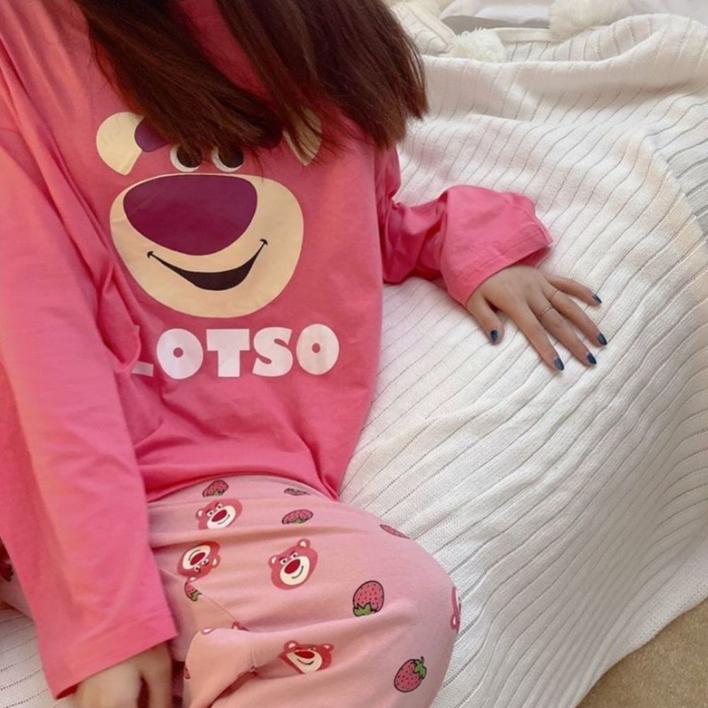 Bộ Đồ Ngủ Tay Dài In Hình Gấu Và Dâu Tây Dễ Thương Phong Cách Nhật Bản Thời Trang Xuân Thu Cho Nữ